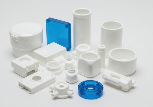 Ceramic and plastic parts isolated on white background