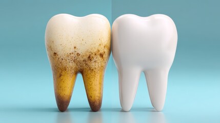 Comparison of stained and healthy teeth on blue background