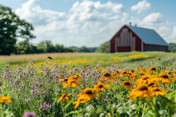 Obraz premium Summer meadow with wildflowers and red barn in scenic countryside