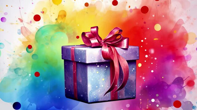 Bright watercolor birthday background featuring a beautifully wrapped gift box with a vibrant ribbon, perfect for celebrating a special occasion and creating joyful memories