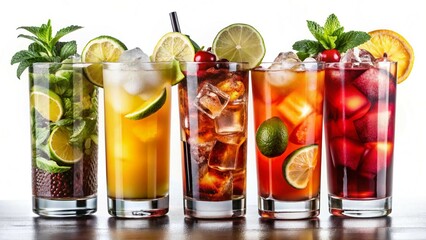 Colorful Cuba Libre, Long Island, Mojito, Paloma, Tequila Sunrise, and Screwdriver cocktails in PNG set