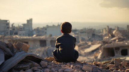 A girl next to a house destroyed by the war. Child in the ruins of his house destroyed by the war. Peace concept