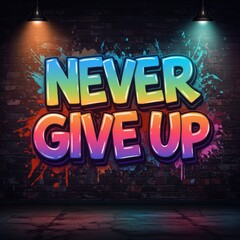Colorful graffiti art on a brick wall with a motivational quote under spotlight illumination.