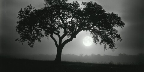 Silhouetted tree with a full moon in the background