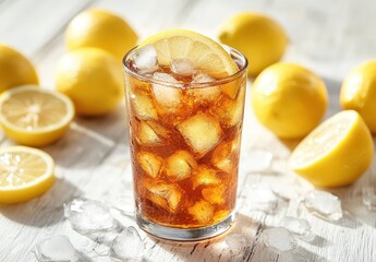 Refreshing Iced Tea Beverage with Lemon Slices and Ice Cubes Surrounded by Fresh Yellow Lemons on a Wooden Table