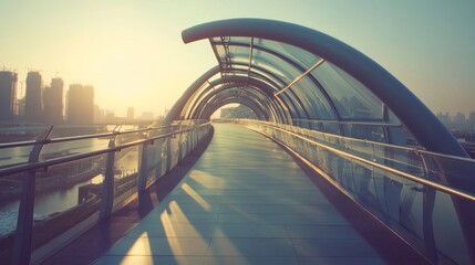 Obraz premium Modern pedestrian bridge at sunrise over city skyline.