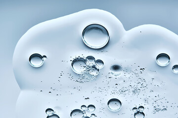 A beautiful swatch of hyaluronic serum with bubbles on a blue background. View from below.