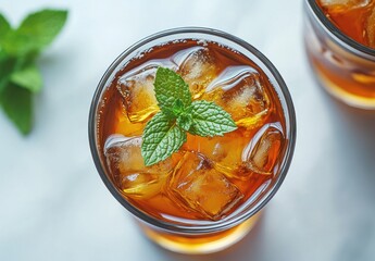 Refreshing Iced Tea Drink with Fresh Mint Leaf and Ice Cubes in Glass, Perfect for Summer or Social Gatherings, Relaxation, or Afternoon Delight