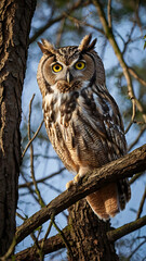 Fototapeta premium A wise old owl perched on a gnarled tree branch, gazing over a shadowy woodland.