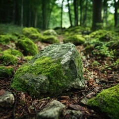 Obraz premium Mossy stone in a dense forest with green trees creating a serene and natural environment with a low angle shot capturing the beauty of nature