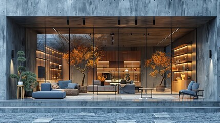 Modern boutique storefront featuring floor-to-ceiling windows and a minimalist interior design, set on a stylish city street 