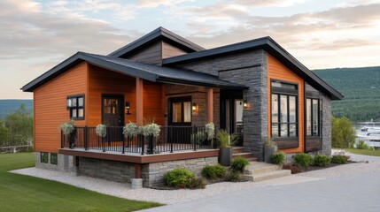 Modern rustic house with wooden and stone exterior in scenic landscape setting