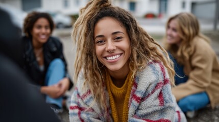 Obraz premium Group of Young Friends Smiling and Having Fun Outdoors on Urban Street, Casual Fashion
