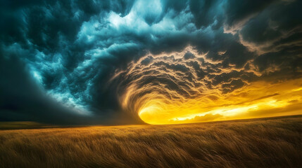 Dramatic storm clouds swirling over golden field at sunset