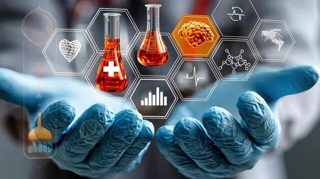 Gloved hands holding a futuristic medical interface featuring chemical flasks, molecules, and heart health diagnostics