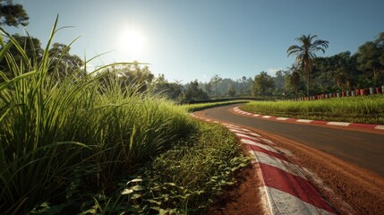 Serene tropical race track curving through lush greenery at sunrise