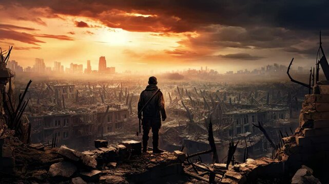 A solitary soldier stands in the ruins of a devastated city as the sunset casts an orange glow over the desolate landscape, reflecting on the aftermath of conflict
