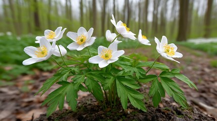Delicate white flowers with yellow centers bloom in a lush green forest, early spring
