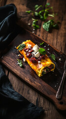 Mediterranean-inspired rolled omelette with feta and spinach, placed on a dark wooden surface, with moody lighting creating an elegant, intimate atmosphere for entertaining
