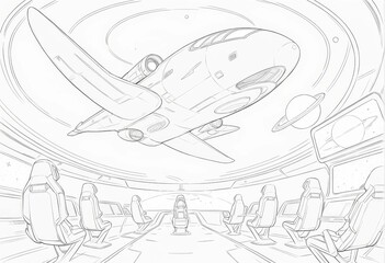 Fototapeta premium Futuristic spaceship interior with seats and cosmic background 