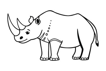 Cute Cartoon Rhino Line Art Drawing, Simple Black and White Rhinoceros Sketch, Adorable Animal Outline for Kids Coloring Pages.