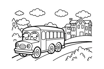 Cute School Bus Road Trip Scene Coloring Page, Happy Kids and Cartoon Landscape Line Art, Educational Fun Printable for Children and Classrooms,	