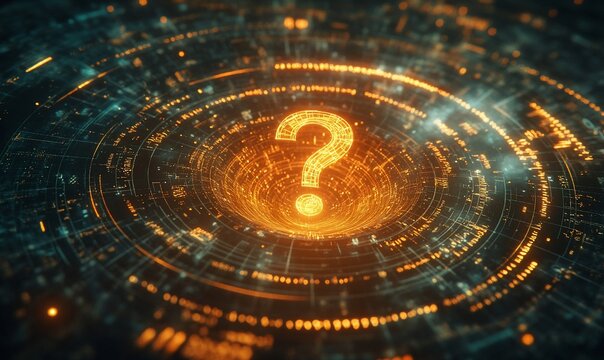 Glowing question mark in a technological abyss