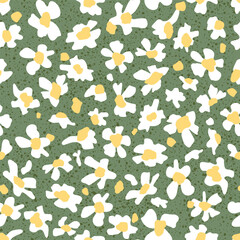 Floral seamless background with primitive baby flower pattern. Simple cute white boho flowers on textured background in muted and natural watercress green. For nursery wallpaper, postcards, textiles.