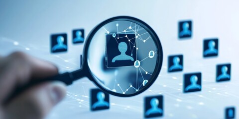 Digital networking and data security concept with magnifying glass on avatar icons