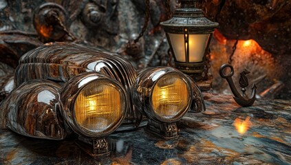 Ornate antique car sculpture, detailed headlights, and decorative lamp