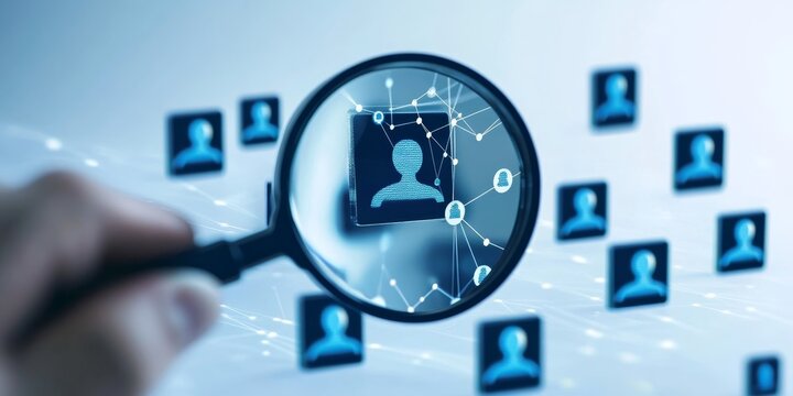 Digital networking and data security concept with magnifying glass on avatar icons
