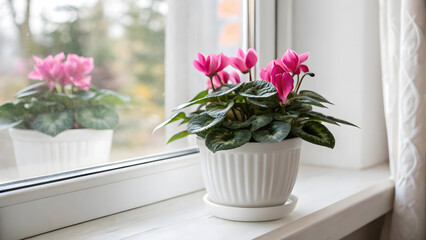 Fototapeta premium Pink cyclamen blooms in a white pot soft light windowsill