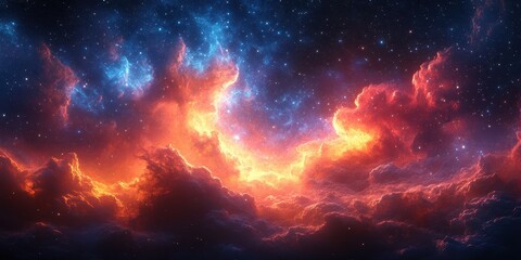 Naklejka premium Vibrant cosmic clouds illuminated by brilliant hues in a celestial sky during a magnificent stellar display