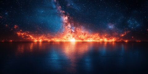 Stunning cosmic view of a vibrant sunset over calm waters with glowing skies and distant stars