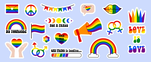 LGBT stickers set on blue background. Pride month badges. Vector illustrations