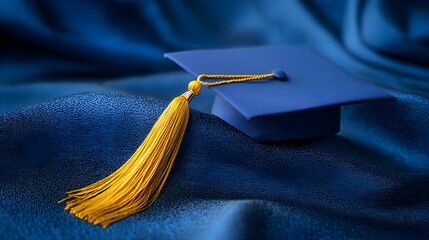 A Symbol of Achievement: A beautifully lit, close-up shot features a classic blue graduation cap with a golden tassel set against a rich, elegant blue backdrop.