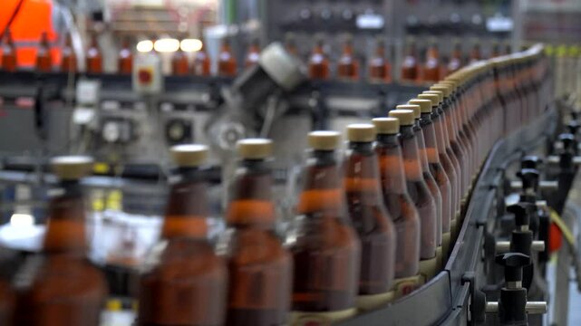 Brewery, bottling beer on aluminum kegs on conveyor lines. Industrial work, automated modern food and beverage production