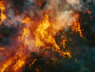 Aerial View of Intense Wildfire Burning Through Forest Canopy Creating Dramatic Smoke and Flames Displaying Destruction and Environmental Impact From Above