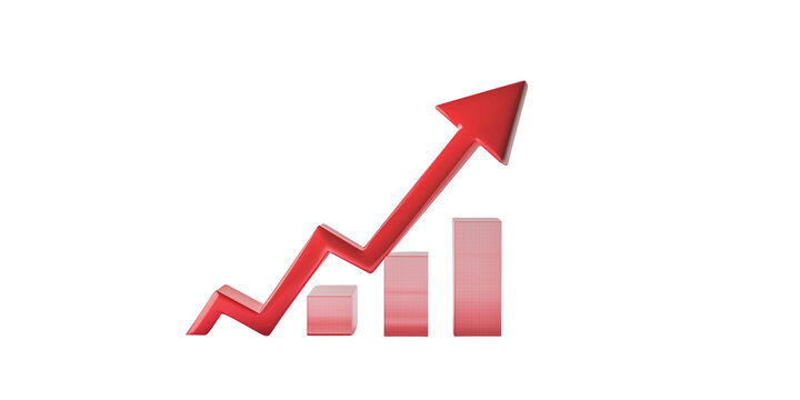 A red arrow of graphs on bar graphs growing upward, cut out transparent background