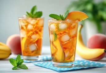 Fototapeta premium Refreshing Summer Iced Tea Beverage with Fresh Fruits, Ice Cubes, Mint Leaves, and Colorful Background Perfect for Hot Weather Enjoyment