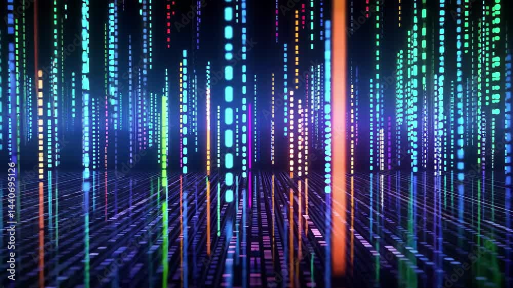 Fototapete Dynamic neon binary code pattern moving through a dark space, creating a futuristic and immersive digital landscape with vibrant colors and gradual transitions