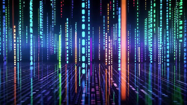 Dynamic neon binary code pattern moving through a dark space, creating a futuristic and immersive digital landscape with vibrant colors and gradual transitions