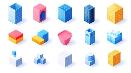Collection of colorful, geometric shapes in isometric style.