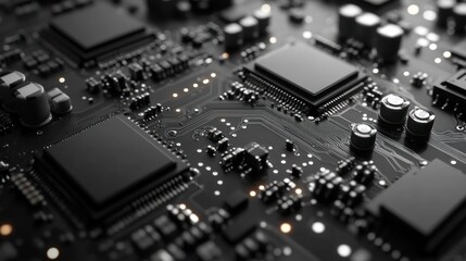 Obraz premium Close-up of a dark circuit board with electronic components and shallow depth of field.