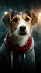 Dog in cozy sweater with scarf during snowy evening outside, showcasing gentle expression and playful demeanor