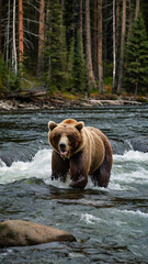 A brown bear catching salmon in a rushing forest river surrounded by pine trees.


