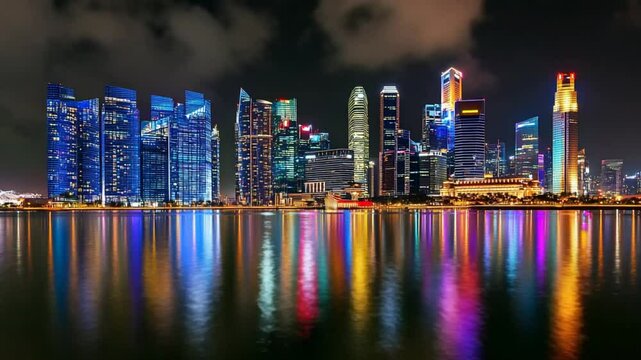 Singapore Skyline at Night: A stunning view of illuminated cityscape reflected on water