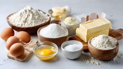 Overhead shot of baking ingredients including flour sugar butter and eggs on a white surface