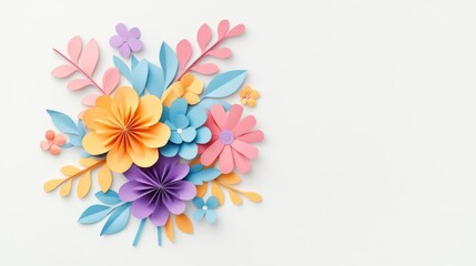 Colorful paper flowers with vibrant leaves arranged artistically on a clean white background, perfect for decor.