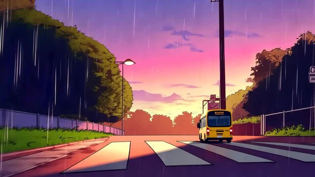 Rainy Day School Bus: A solitary school bus journeys down a wet, zebra crossing street as a gentle rain falls, with lush foliage on the side.